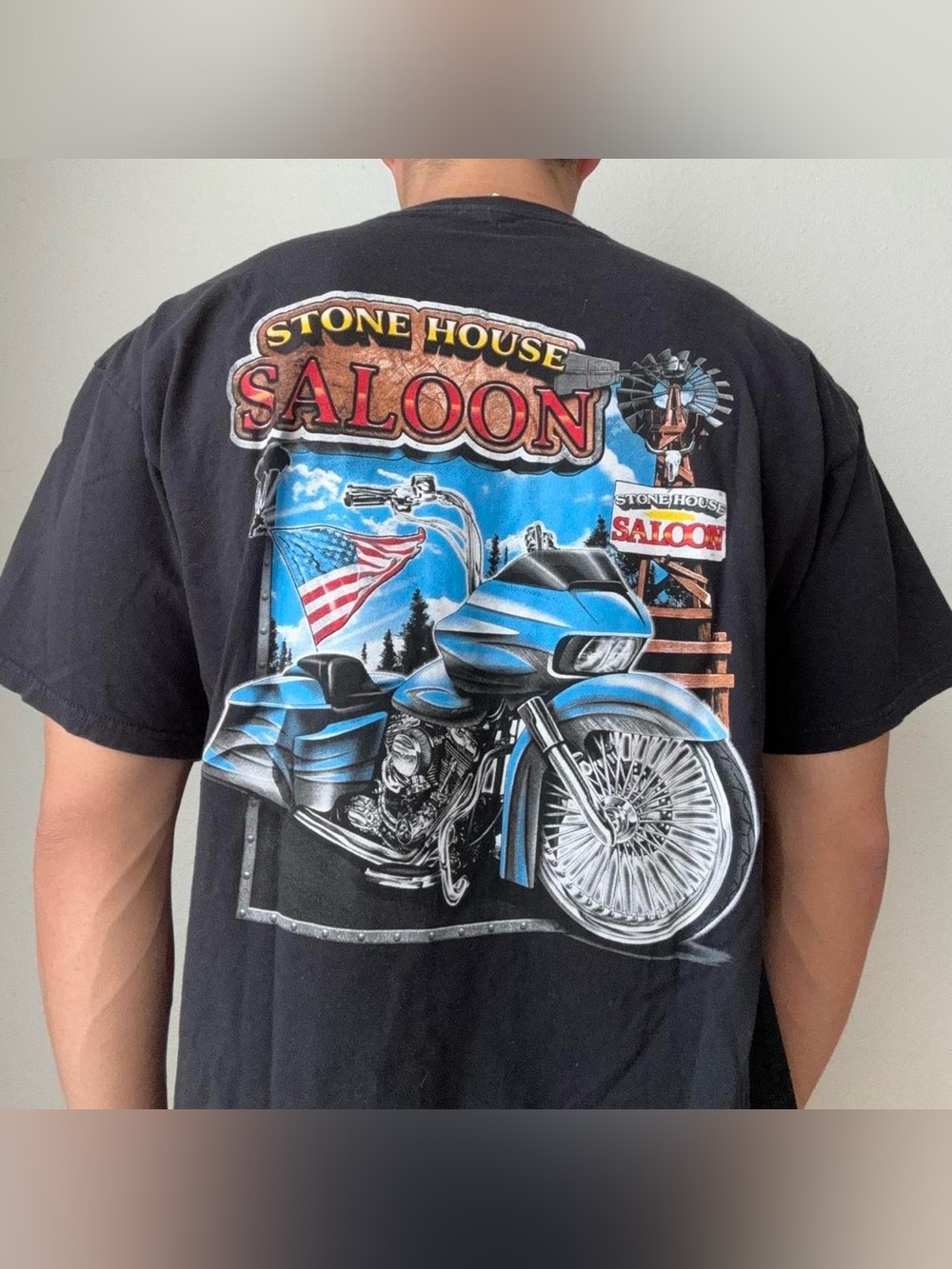 Vintage Stone House Saloon Motorcycle Graphics Black Tee Shirt Y2K
